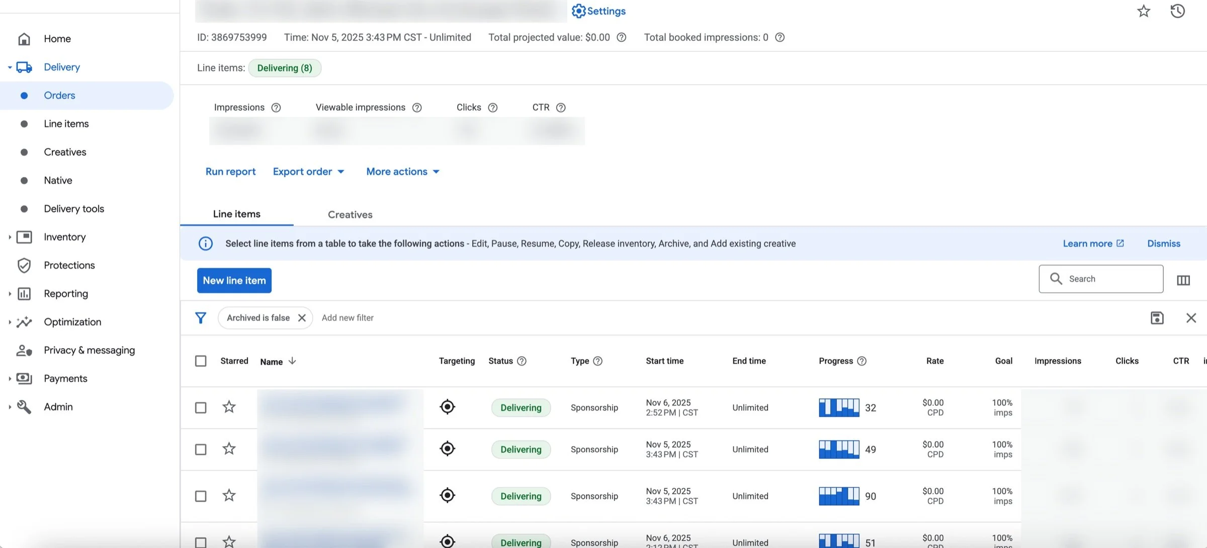 A single church order in Google Ad Manager with eight delivering line items, one per placement. Order and line item names and stats are blurred.