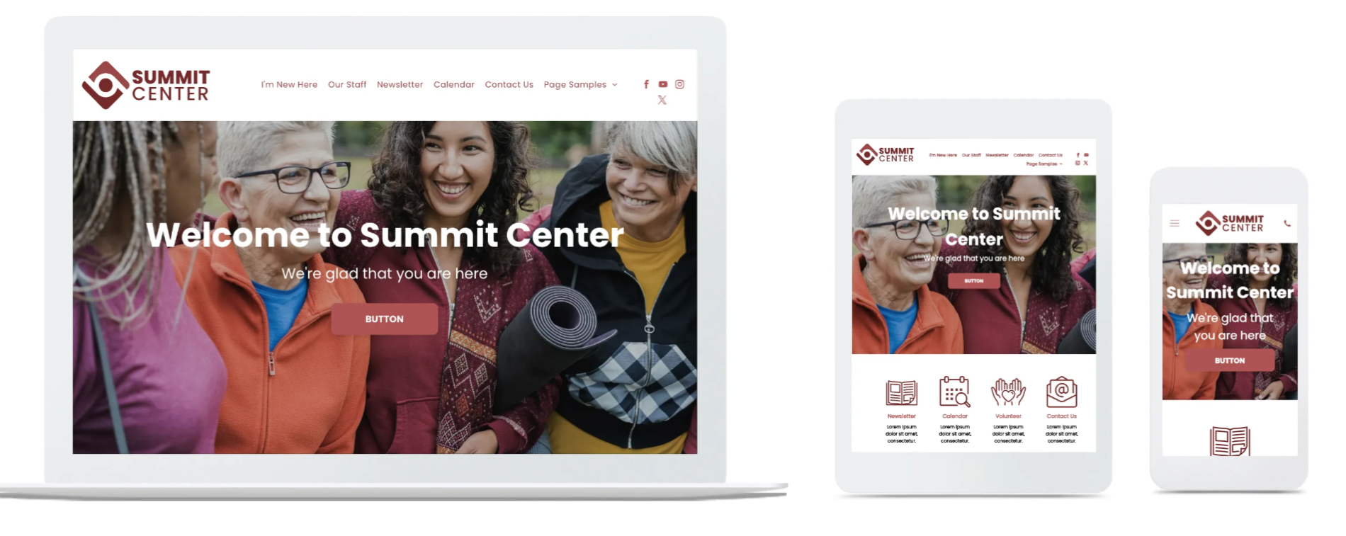 Summit Center, one of the WeConnect starter templates, on a laptop, tablet and phone. The home page shows a photo of smiling women, the heading Welcome to Summit Center and a button, with icons for newsletter, calendar, volunteer and contact below.