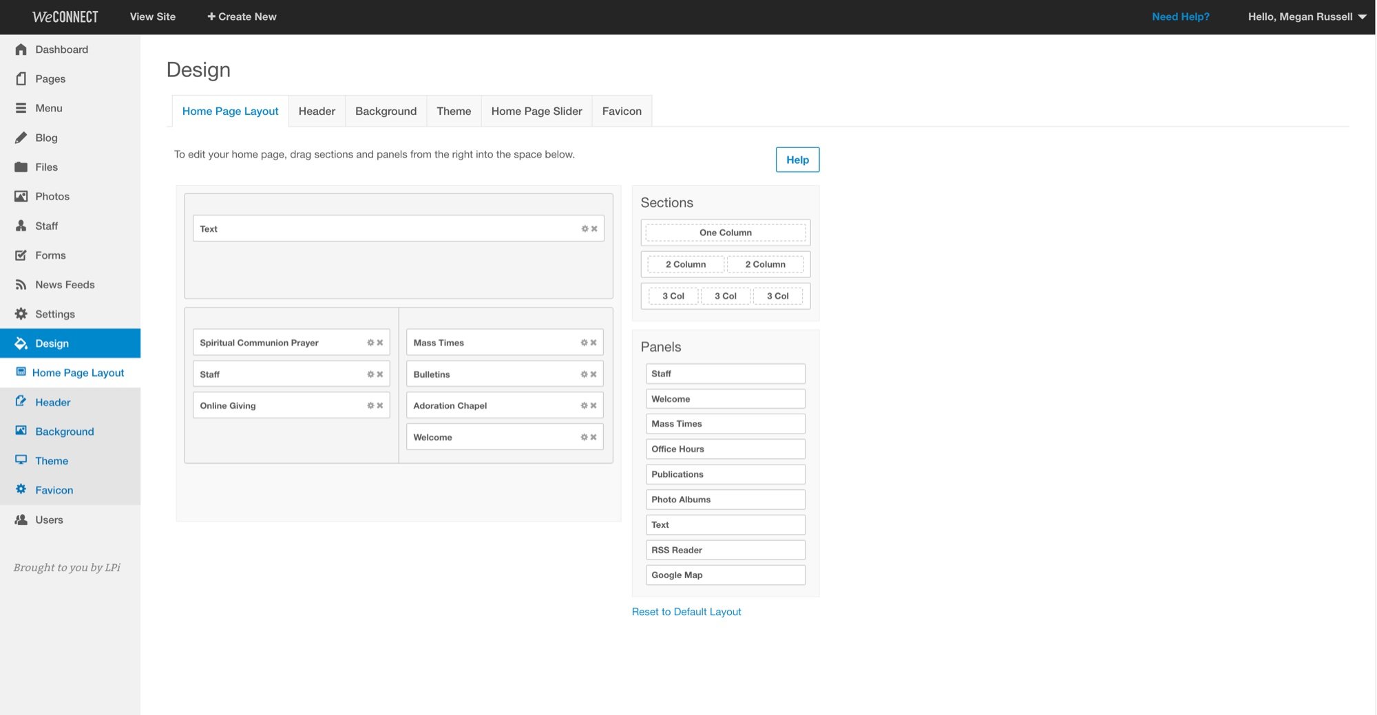 The legacy WeConnect home page layout tool: a short list of one, two and three column sections and panels such as Staff, Mass Times and Bulletins to drag into a plain grid.