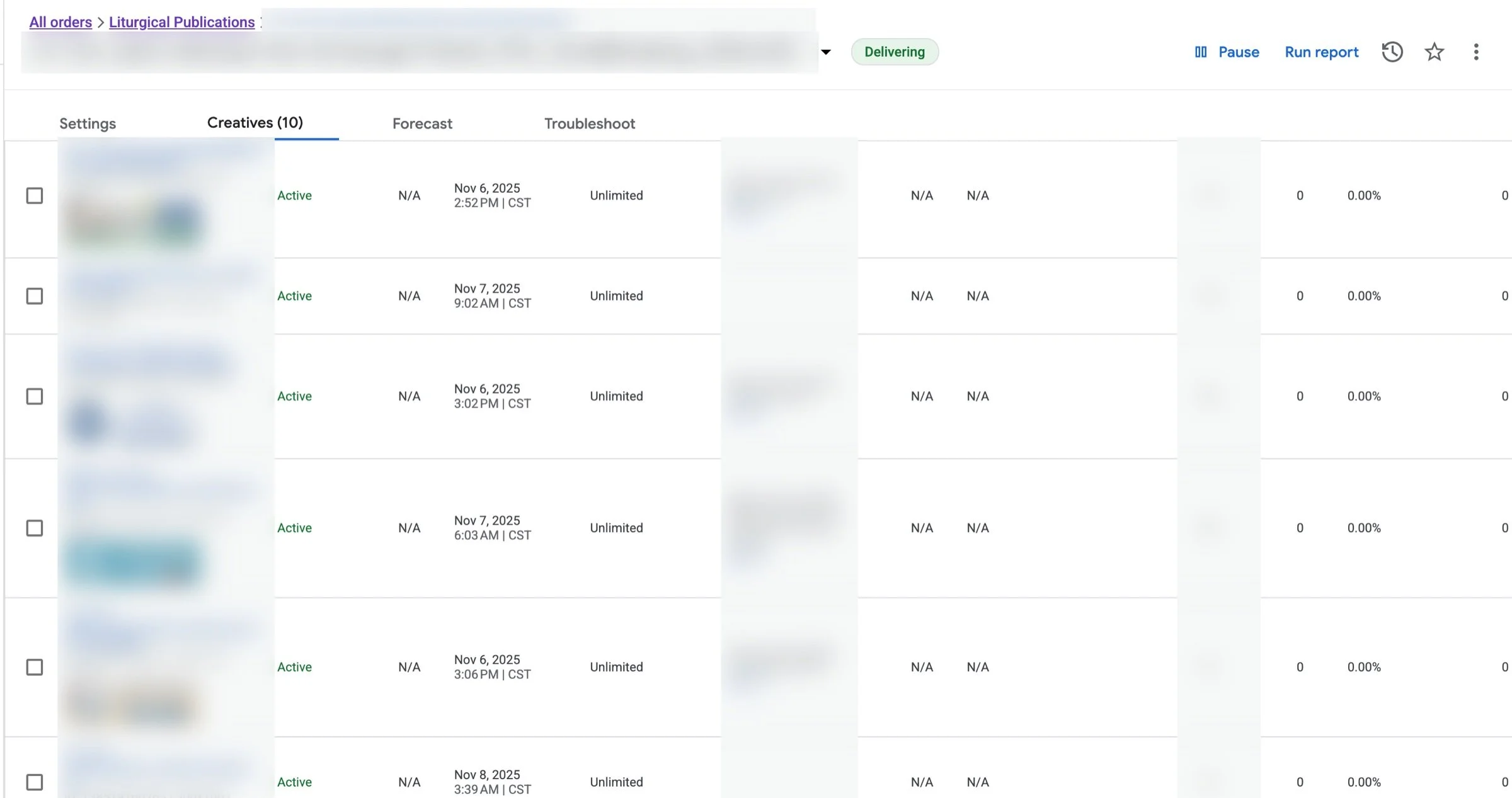A rotating 300 by 100 line item in Google Ad Manager with ten creatives assigned. Order name, advertiser names, creatives and URLs are blurred.