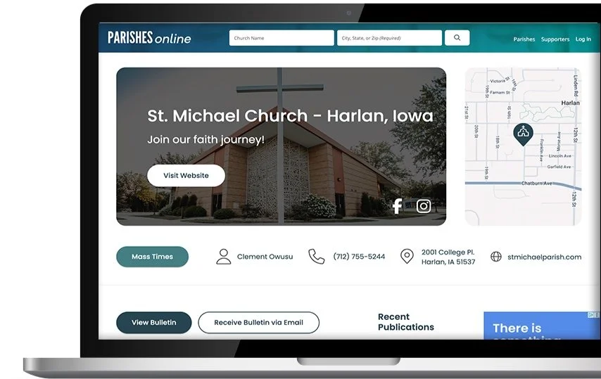 A new church listing for St. Michael Church in Harlan, Iowa: a photo header with a Visit Website button, a map, a Mass Times button, contact details in one row, and View Bulletin and Receive Bulletin via Email buttons.