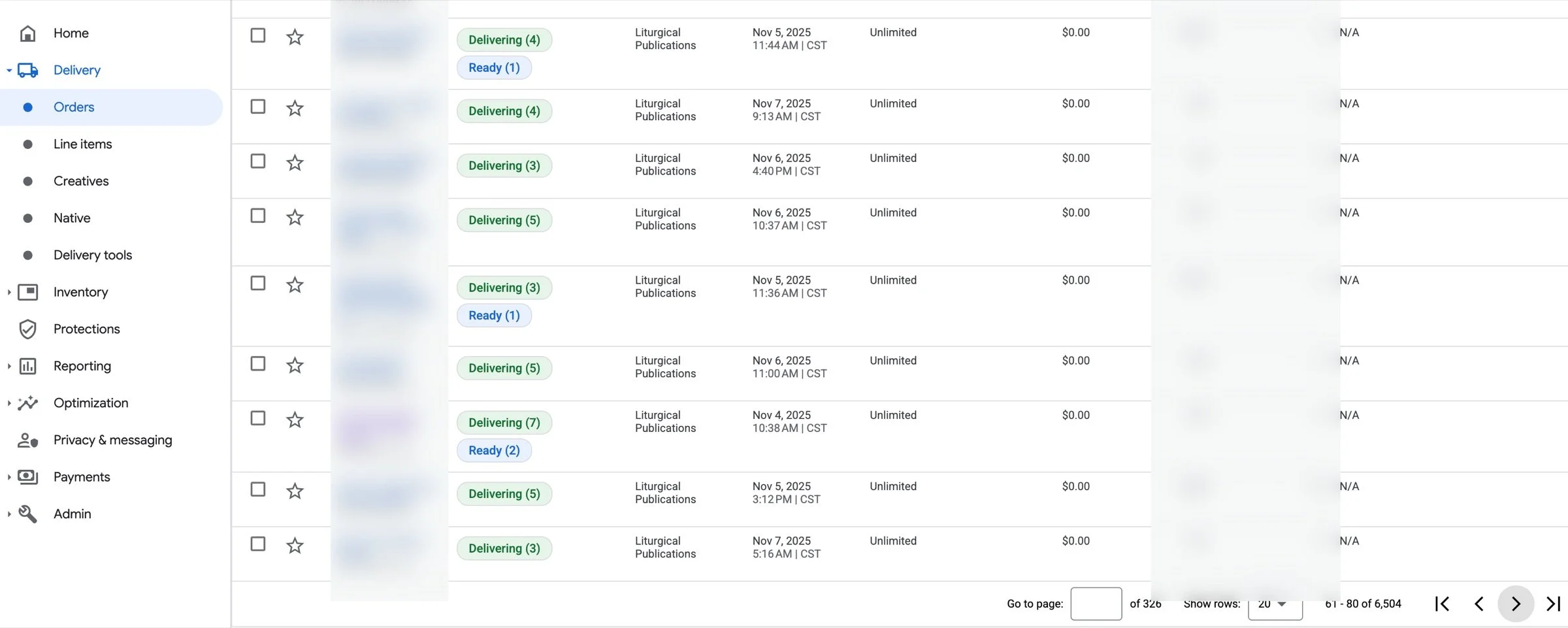 Google Ad Manager orders list after the restructure, one order per church account, each with a few delivering line items. Order names and impression counts are blurred.