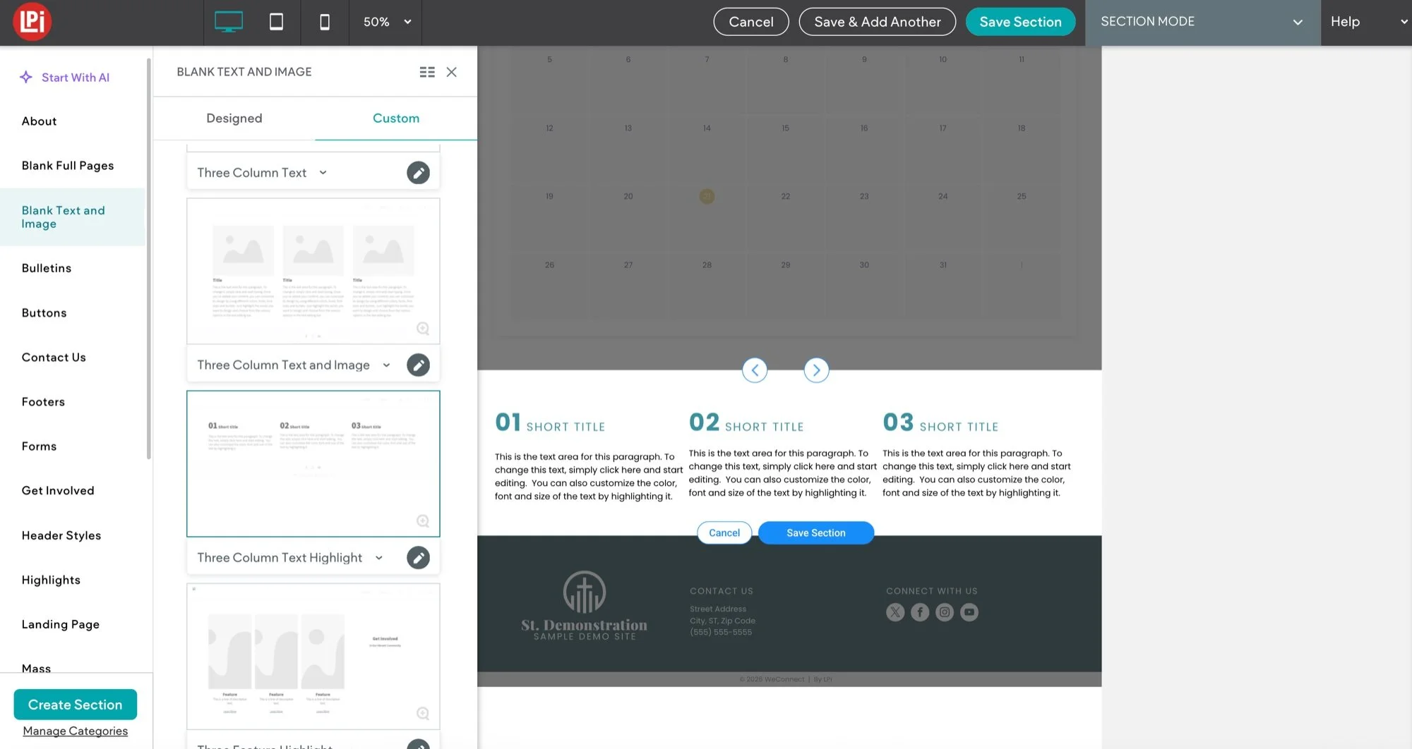 The section library in the new builder, with Blank Text and Image templates such as Three Column Text and Three Column Text Highlight, and a preview of a three-column section on a demo church site.