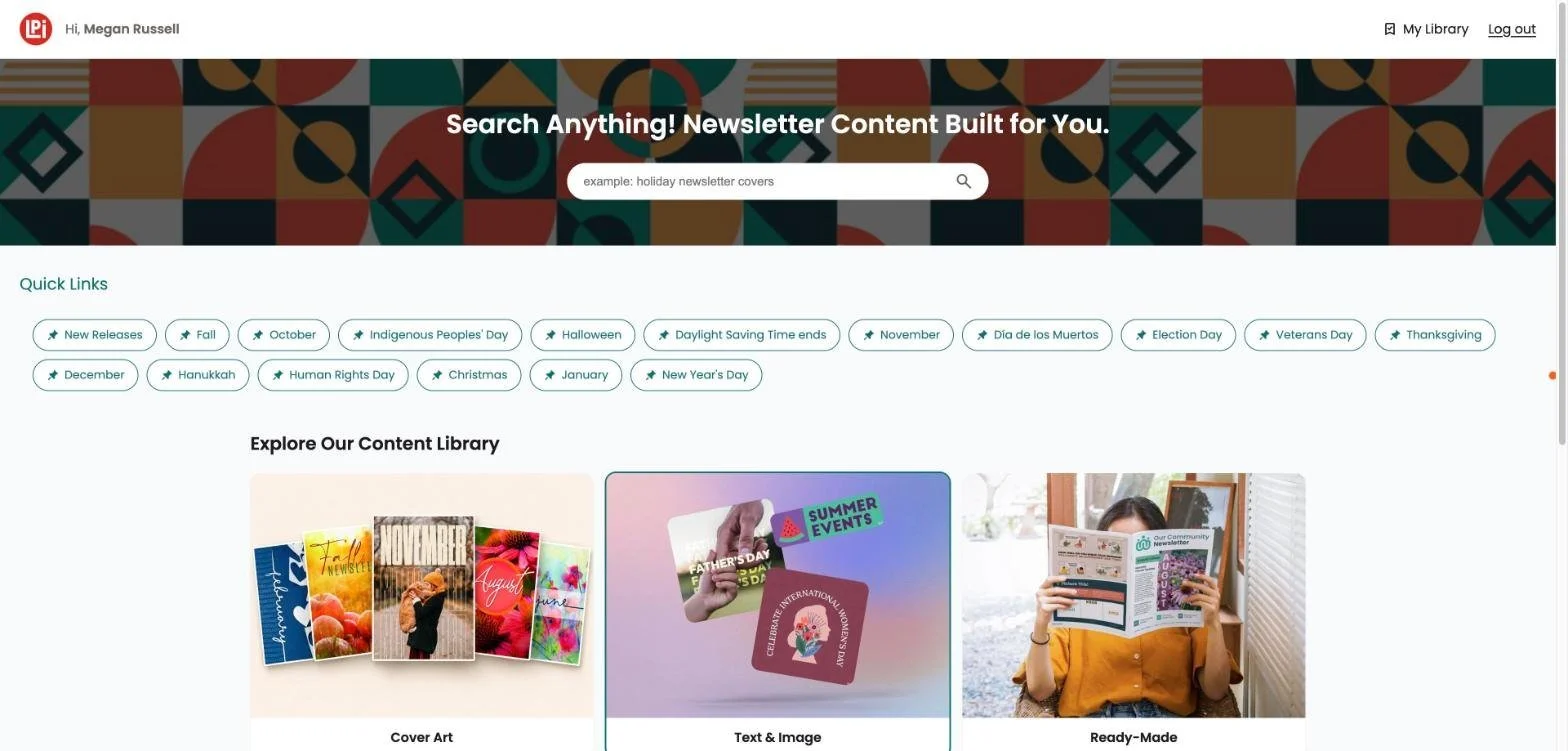 Community storefront home page with Quick Links for months and civic holidays such as Halloween, Veterans Day and Hanukkah.