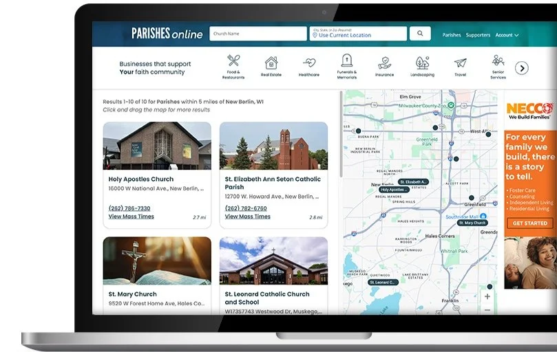 The new search results page: church photo cards with addresses, phone numbers and View Mass Times links, beside an interactive map with pins, category icons for supporting businesses, and an ad on the right.