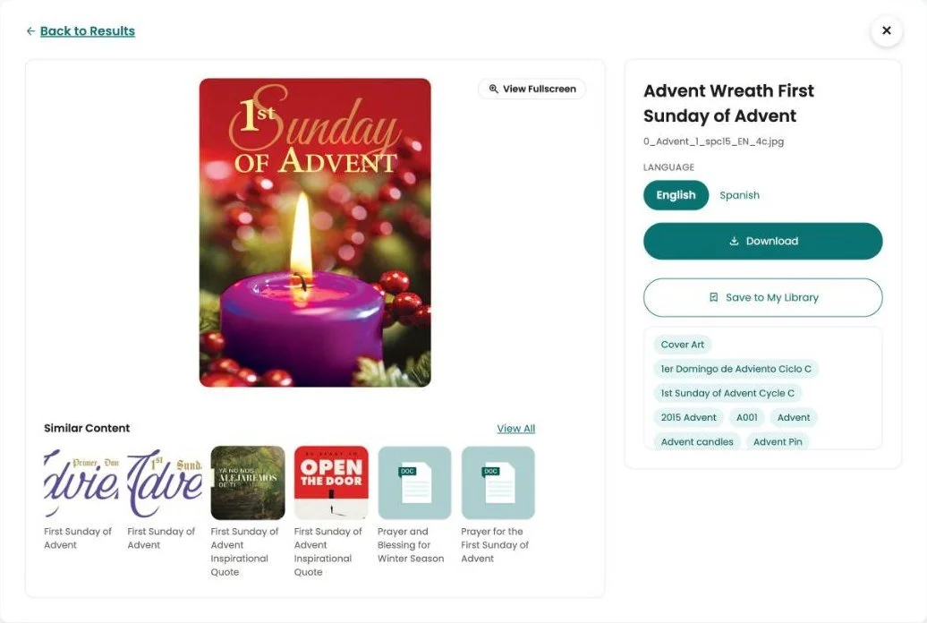 Asset page for a First Sunday of Advent cover with an English and Spanish switch, a Download button and Similar Content.