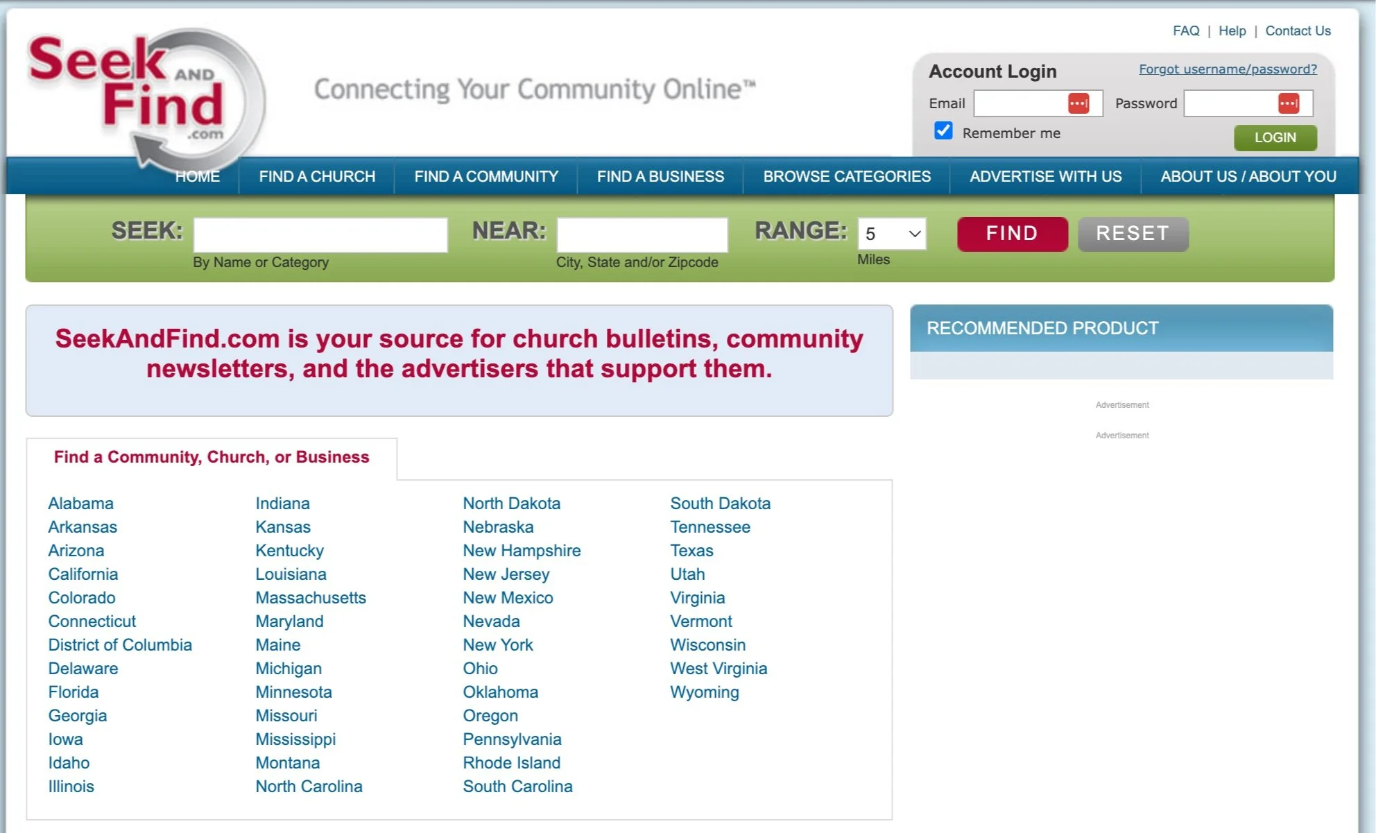 The original Seek and Find home page from 2009, with a red and silver logo, an account login box, a green Seek, Near and Range search bar, and a list of US states.