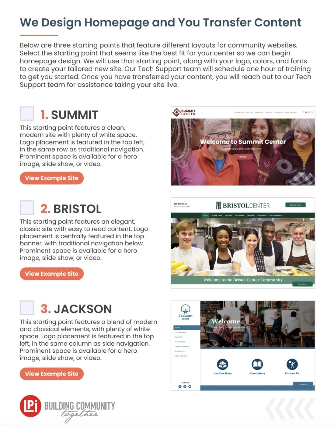 Customer handout for the we design the homepage option, showing three starting points, Summit, Bristol and Jackson, each with a short description, a screenshot and a View Example Site button.