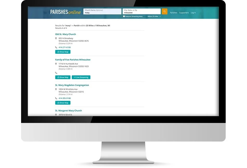 The old search results page: a plain text list of four parishes matching mary near Milwaukee, each with an address, phone number and a Show Map button.
