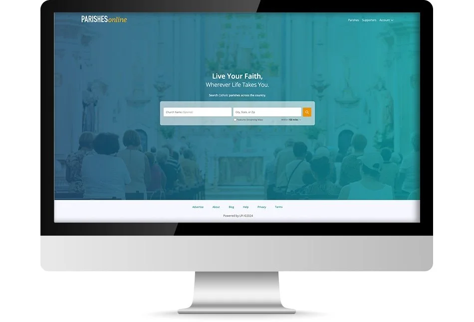 The old Parishes Online home page on a desktop monitor: a teal photo overlay of a church congregation, the headline Live Your Faith, Wherever Life Takes You, and a church search bar.
