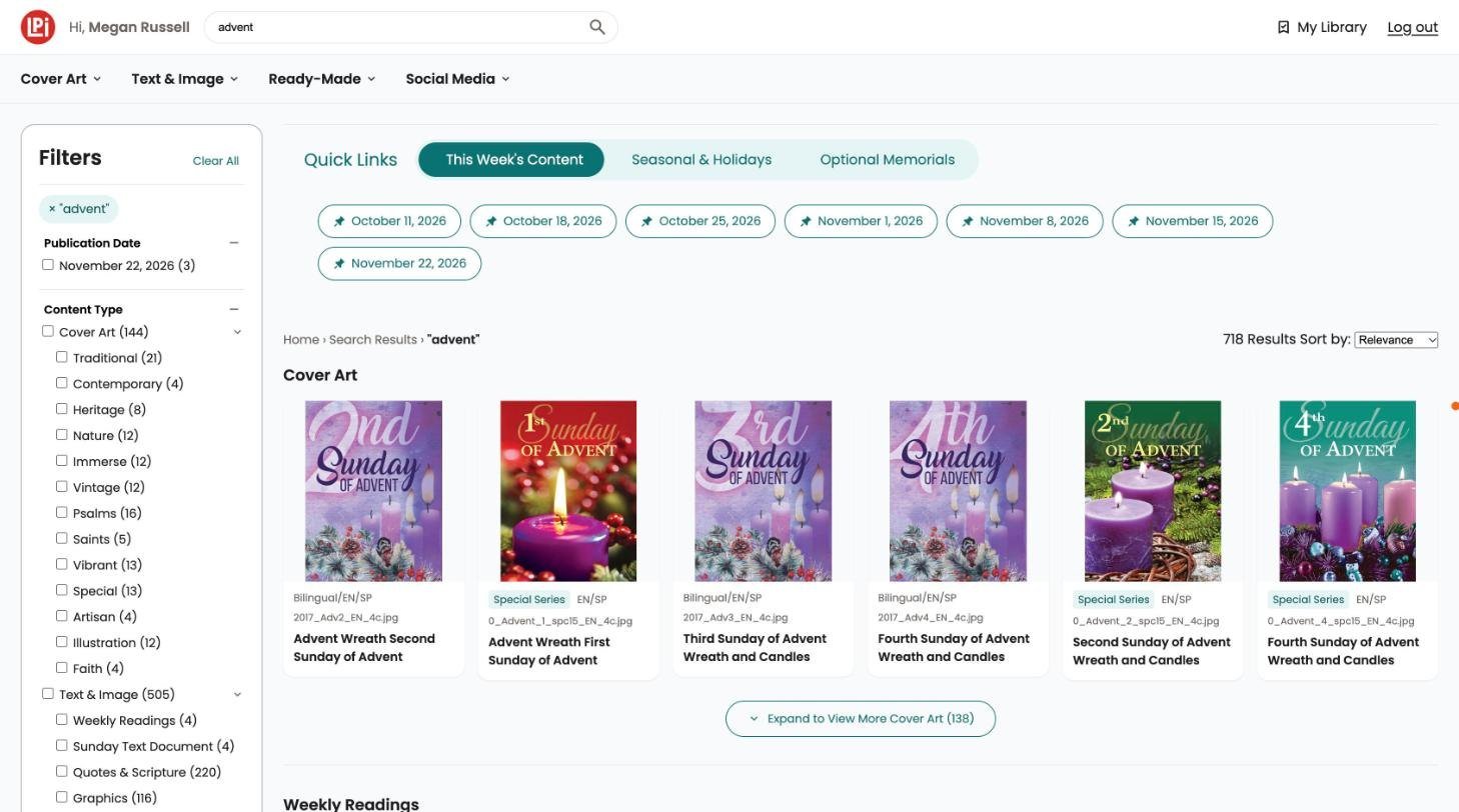 Search results for advent grouped under Cover Art, with a filter panel listing content types and counts.