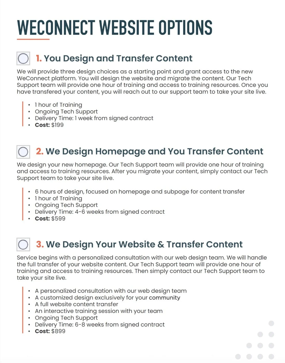 WeConnect Website Options handout from launch: you design and transfer content for $199, we design the homepage and you transfer content for $599, or we design your website and transfer content for $899.