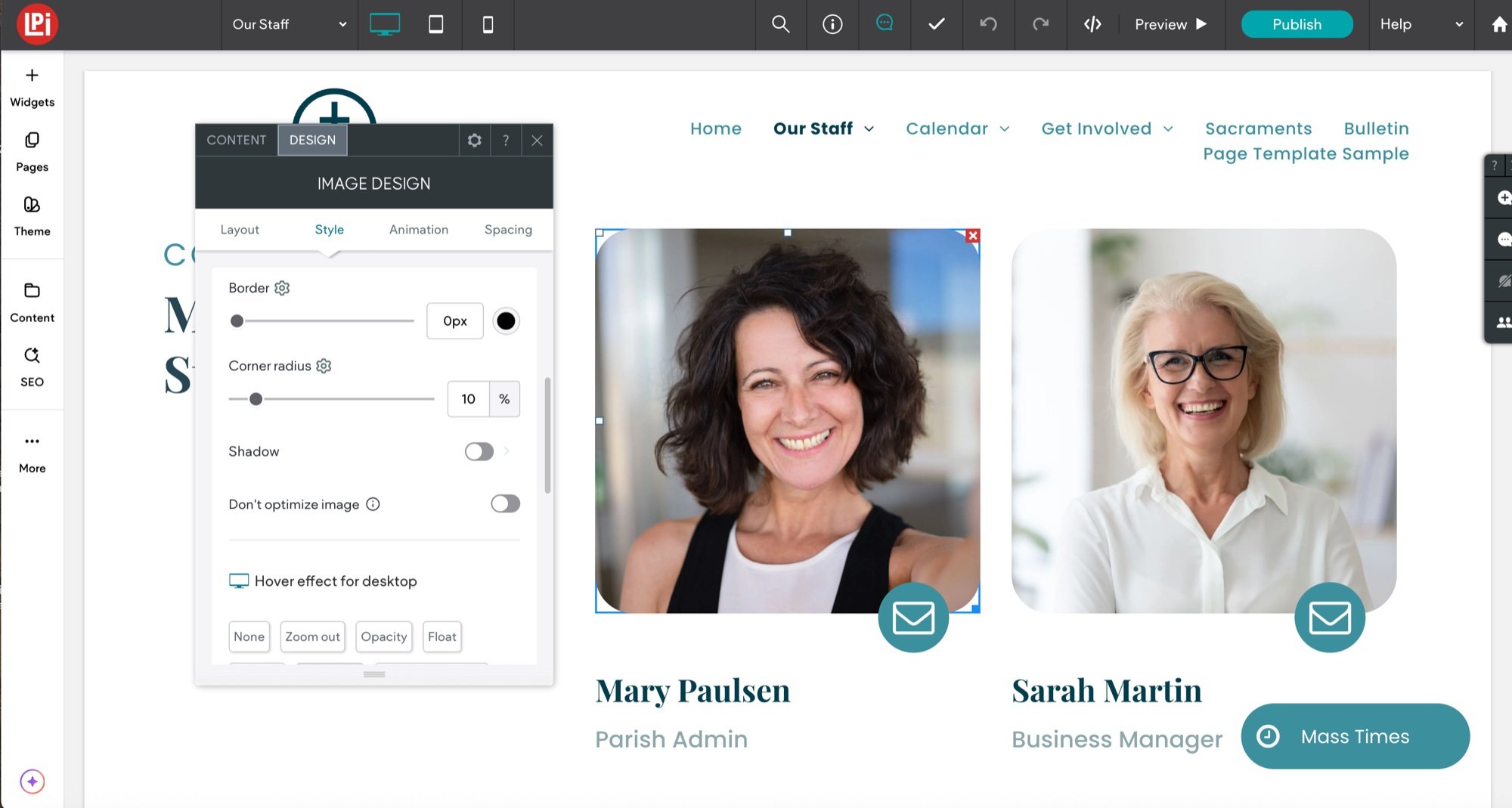 The new white-label site builder editing an Our Staff page. Two staff photos with rounded corners and email buttons sit beside an open image design panel with border, corner radius and shadow controls.