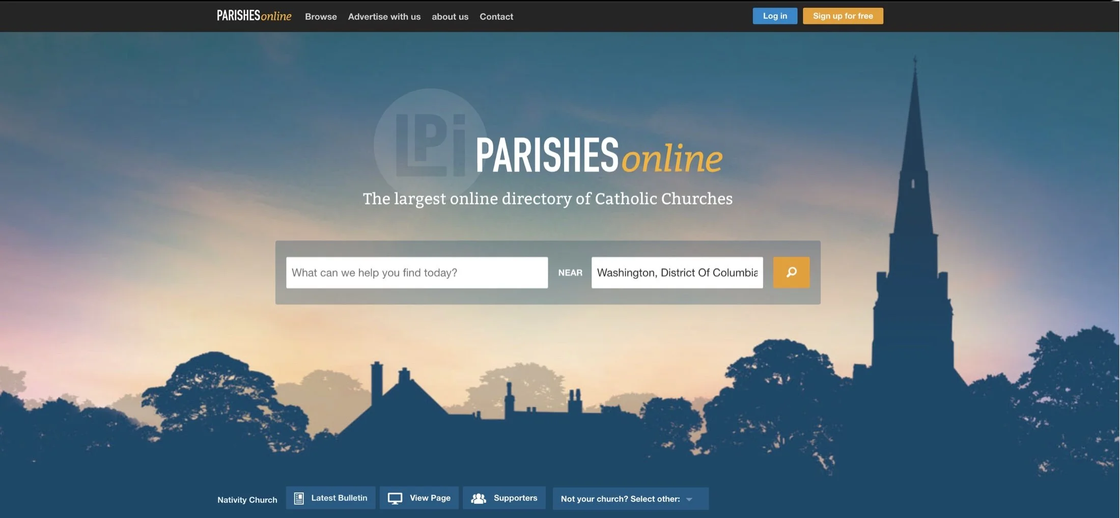 The Parishes Online home page before the redesign: a dark sunset photo of a church silhouette, the tagline The largest online directory of Catholic Churches, and a single search bar.