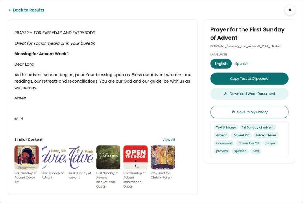 Prayer for the First Sunday of Advent shown as text on the page with a Copy Text to Clipboard button.