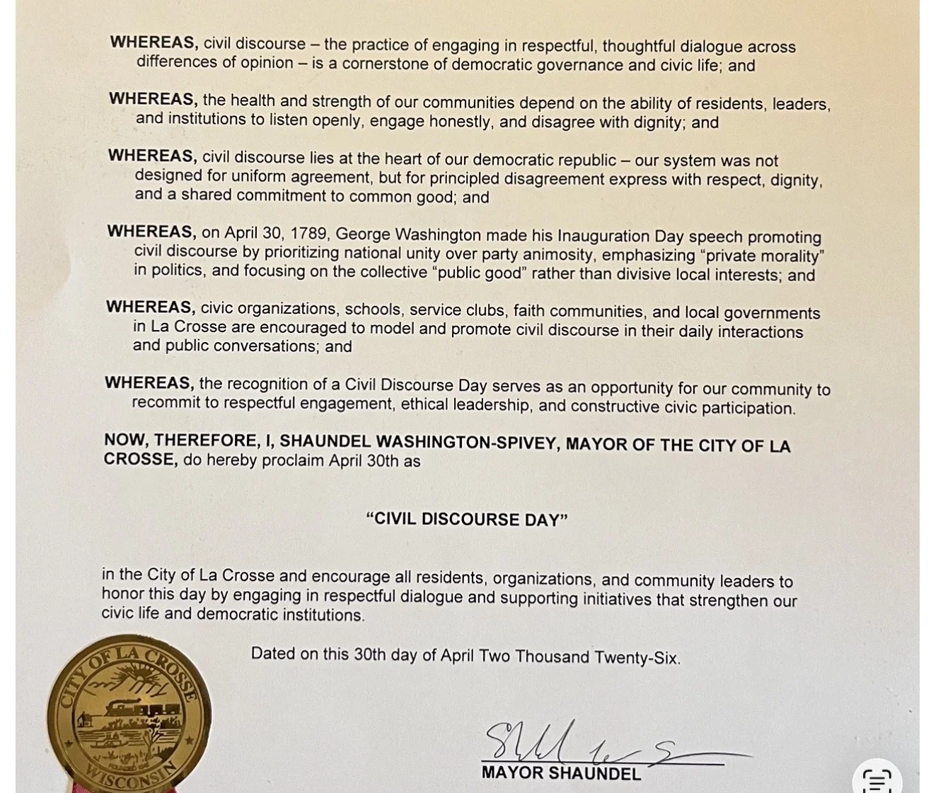 A copy of the proclamation by La Crosse Mayor, Shaundell Washington-Spivey regarding Civil Discourse Day.
