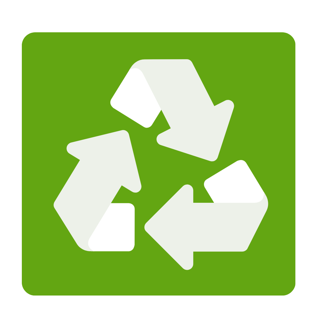 Recycling symbol with three white arrows on a green background.