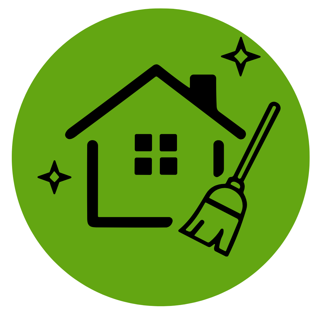 Icon of a house with a broom, surrounded by sparkles on a green background.