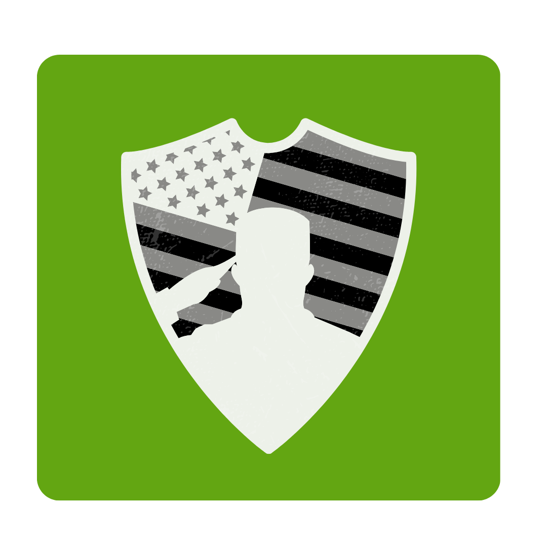 Silhouette of a salute soldier with a shield featuring the American flag in black and white, set against a green background.