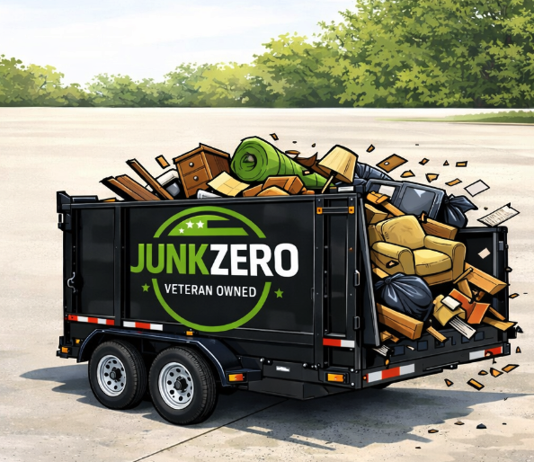 A junk removal trailer labeled "Junk Zero Veteran Owned" filled with discarded furniture and household items, spilling onto a paved area with green trees in the background.