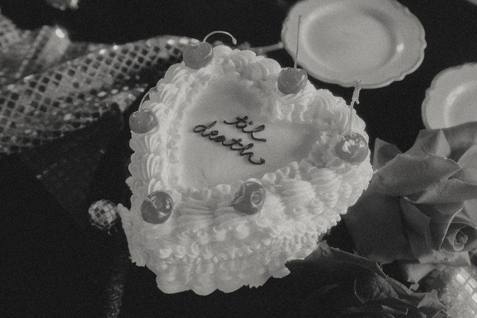 Heart-shaped birthday cake with white frosting, decorated with cherries and chocolate rolls, with the message "تولدت مبارک" written on it, surrounded by candles and roses.