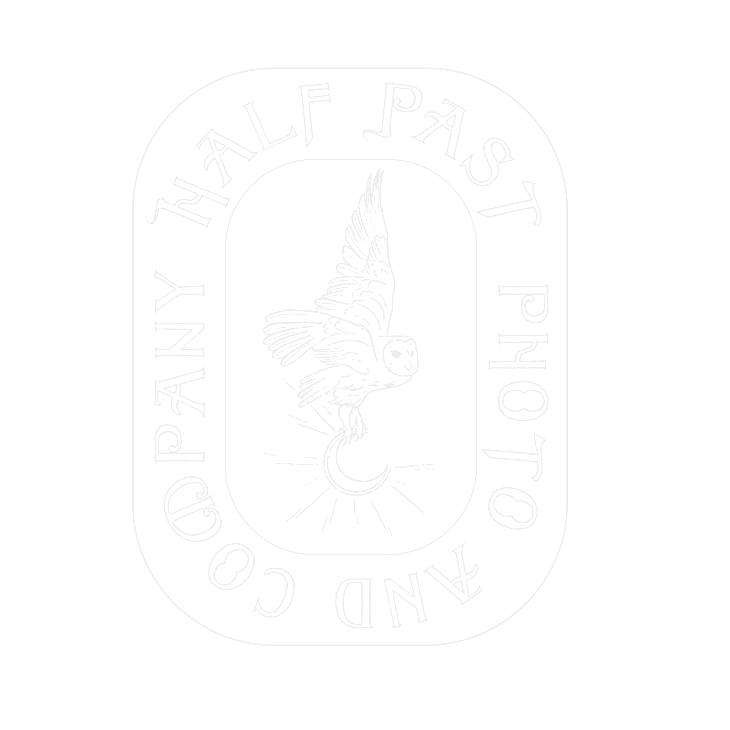 Black and white outlined logo of Half Past Photo & Company, featuring a barn owl clutching a crescent moon with rays emanating from it. The text is medieval and art nouveau inspired.