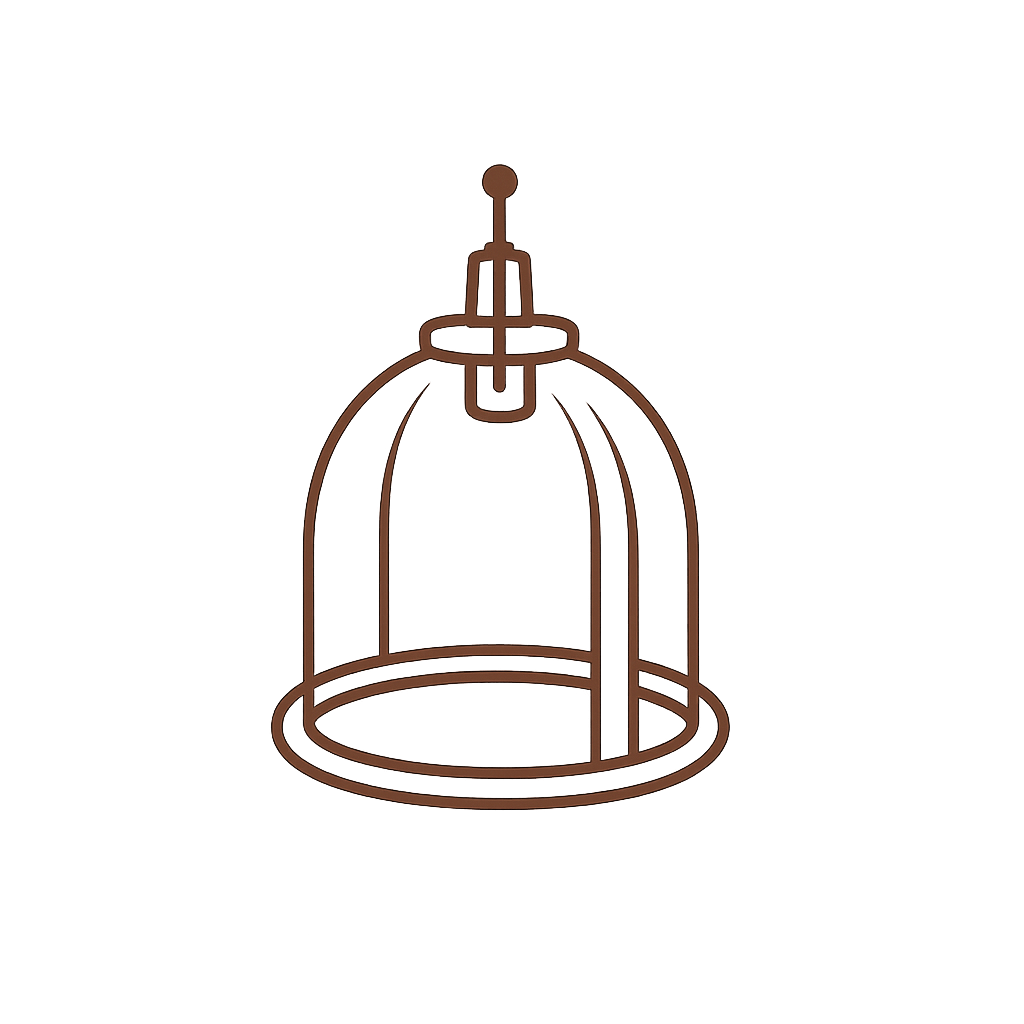 Line drawing of a hanging lamp with a spherical shade and a ceiling mount.
