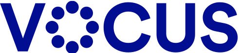 Vocus logo with blue text and circular design elements.