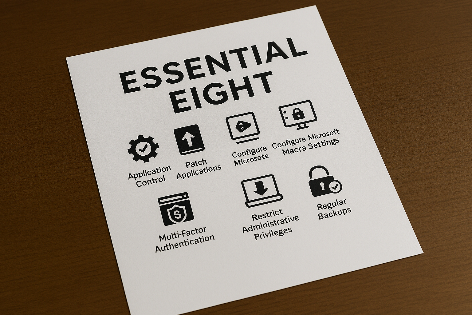A printed sheet titled 'Essential Eight' with icons and text listing cybersecurity best practices, including Application Control, Patch Applications, Configure Microsoft, Configure Microsoft Macro Settings, Multi-Factor Authentication, Restrict Administrative Privileges, and Regular Backups, placed on a wooden surface.