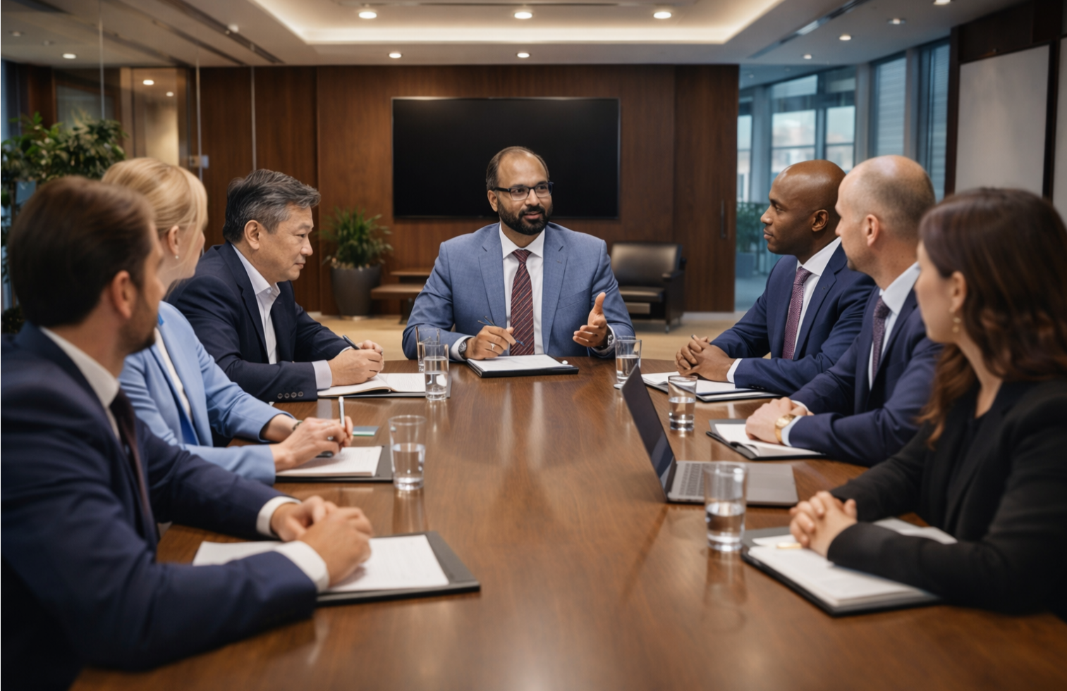 Businesspeople in suits sitting around a conference table in a boardroom, listening to a man in a blue suit speaking.