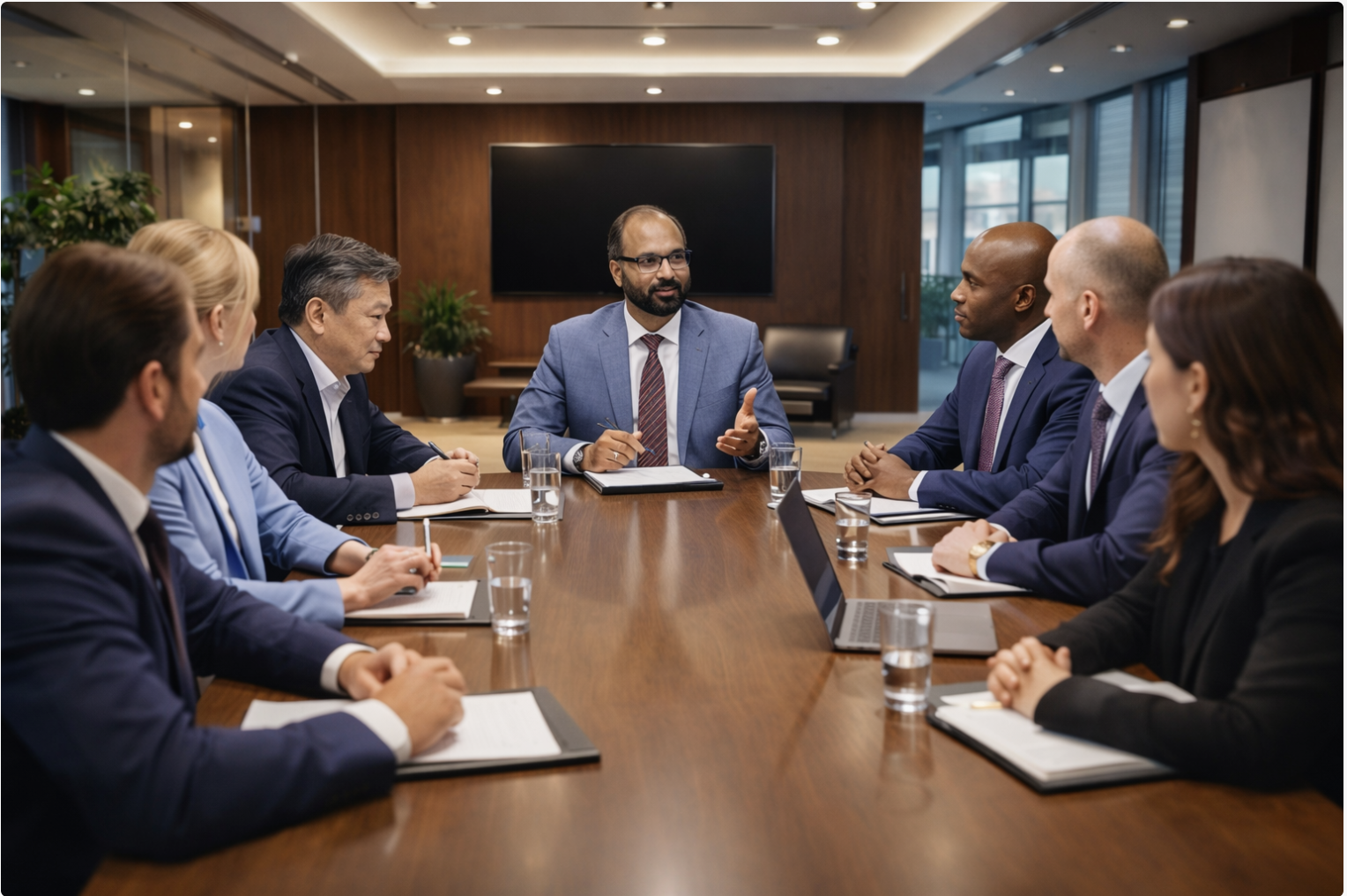 Business meeting with seven people in a conference room, six sitting around a long wooden table, one man at the head speaking, notebooks, laptops, and glasses of water on the table.