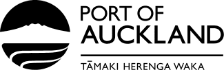 Port of Auckland logo with black circle, wavy lines, and text