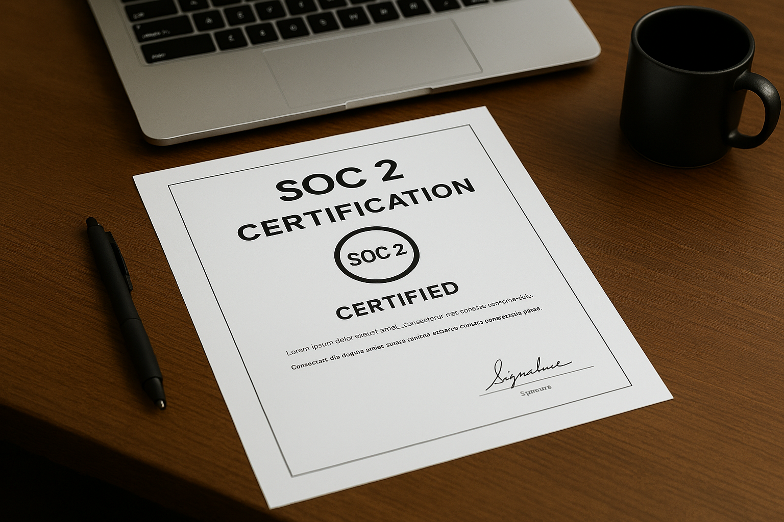 Certificate titled 'SOC 2 Certification' placed on a wooden desk with a black pen to the left, a laptop in the top left corner, and a black coffee mug on the right.
