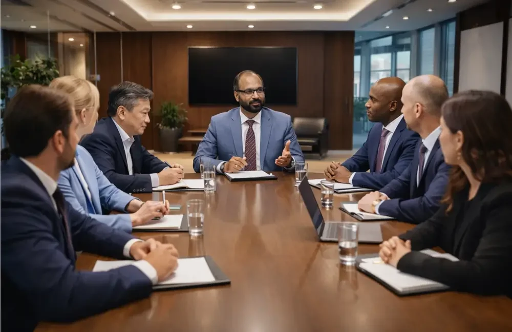 Executive team discussing cybersecurity governance and risk management in a boardroom.