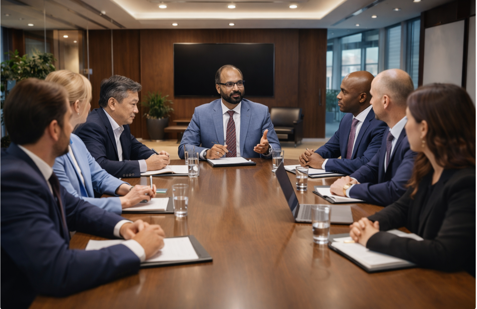 A diverse group of business professionals seated around a conference table in a modern office, listening to a man in a blue suit speaking.