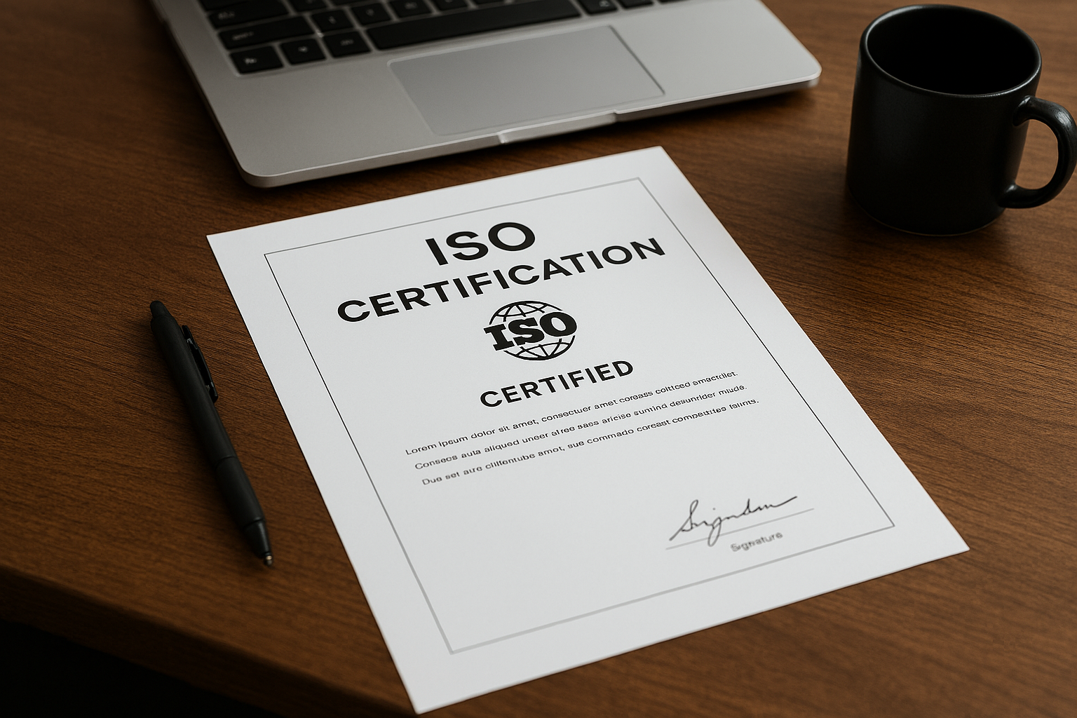 An ISO certificate placed on a wooden desk with a black pen, a silver laptop, and a black coffee mug nearby.
