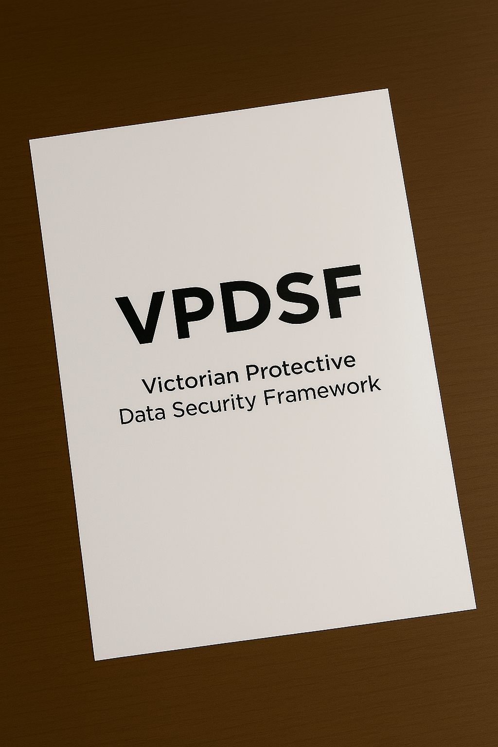 White paper titled "VPDSF" with subtitle "Victorian Protective Data Security Framework" on a wooden surface.