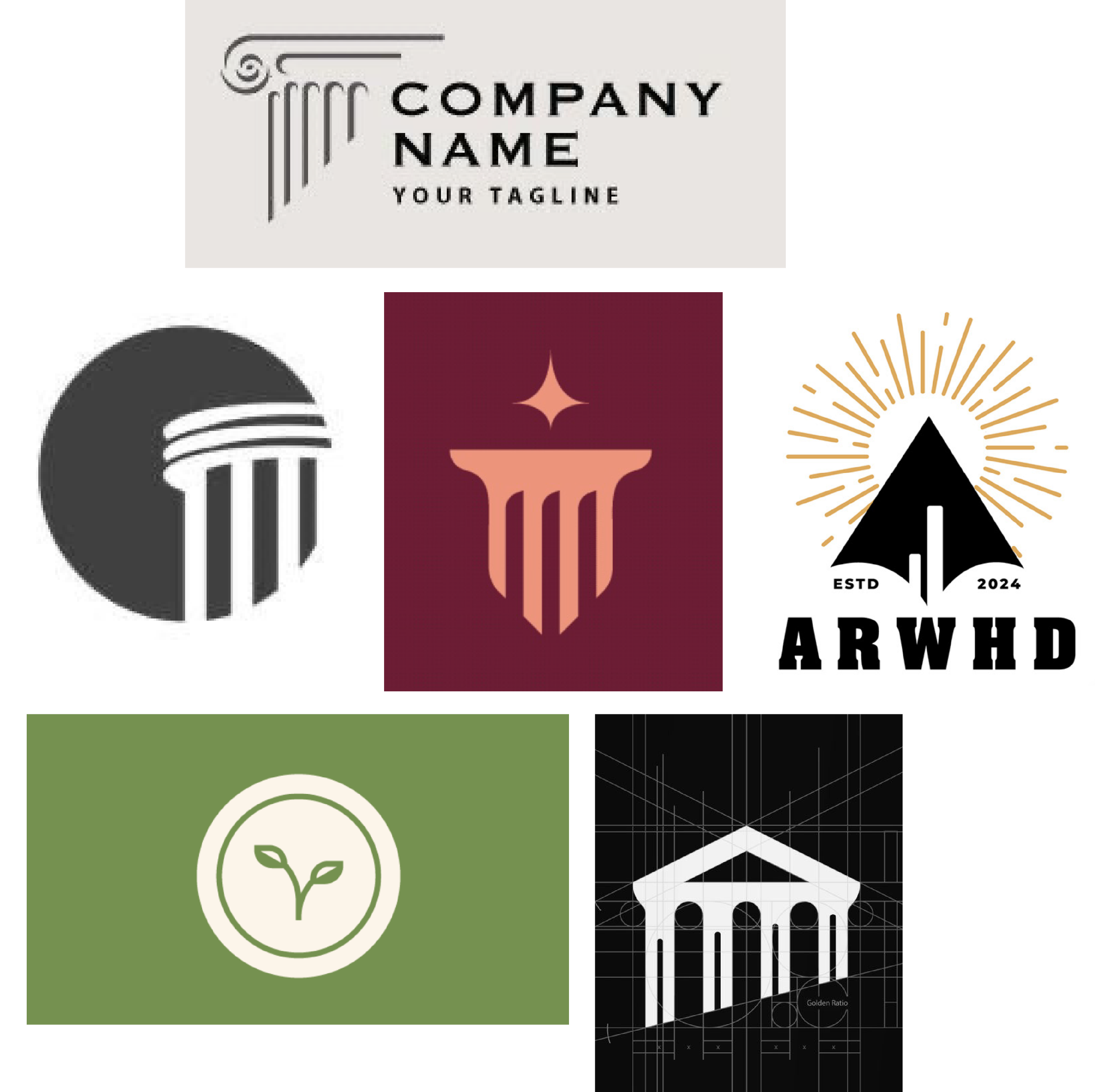 Collection of seven logo designs featuring architectural elements, abstract symbols, and nature motifs, with styles ranging from minimalistic, modern, to emblematic.