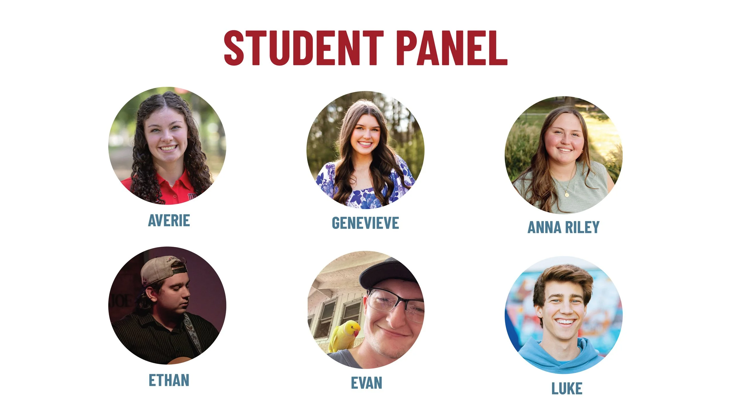 School student panel with six student photos arranged in two rows. Top row: Averie, Genevieve, Anna Riley. Bottom row: Ethan, Evan, Luke. The title 'Student Panel' is at the top in bold red letters. Each student has their name in blue text below thei