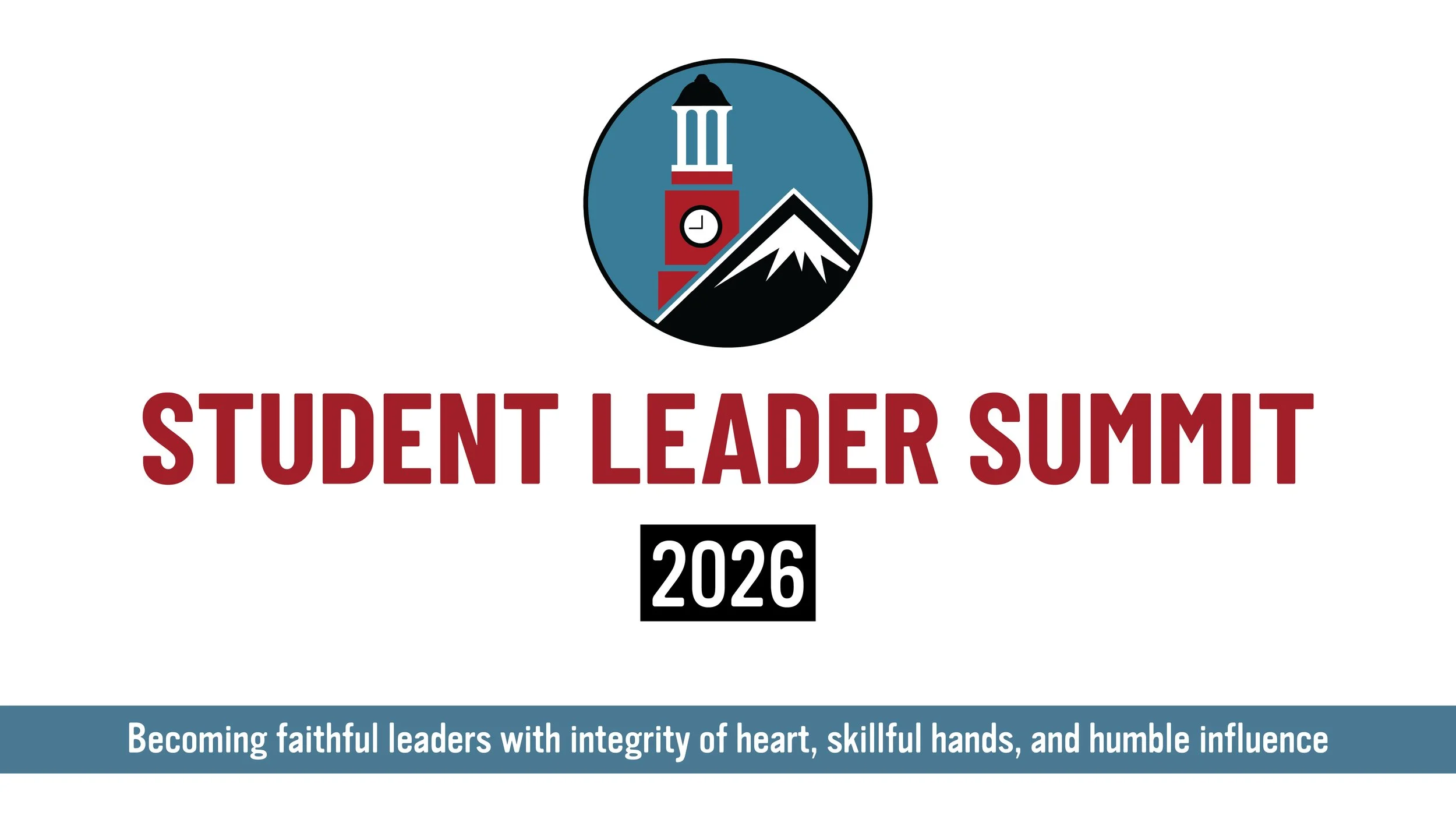 Logo for the Student Leader Summit 2026 featuring a clock tower, mountain, and the summit's slogan.