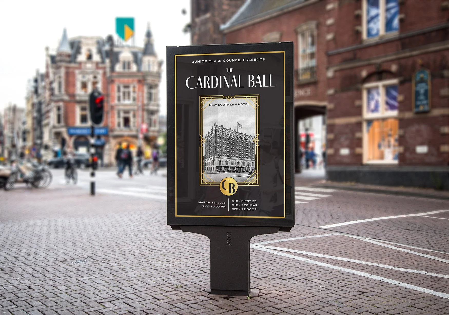 A street scene with a digital billboard advertising the Cardinal Ball event, featuring a building image and event details, in an urban neighborhood with historic buildings and people walking.