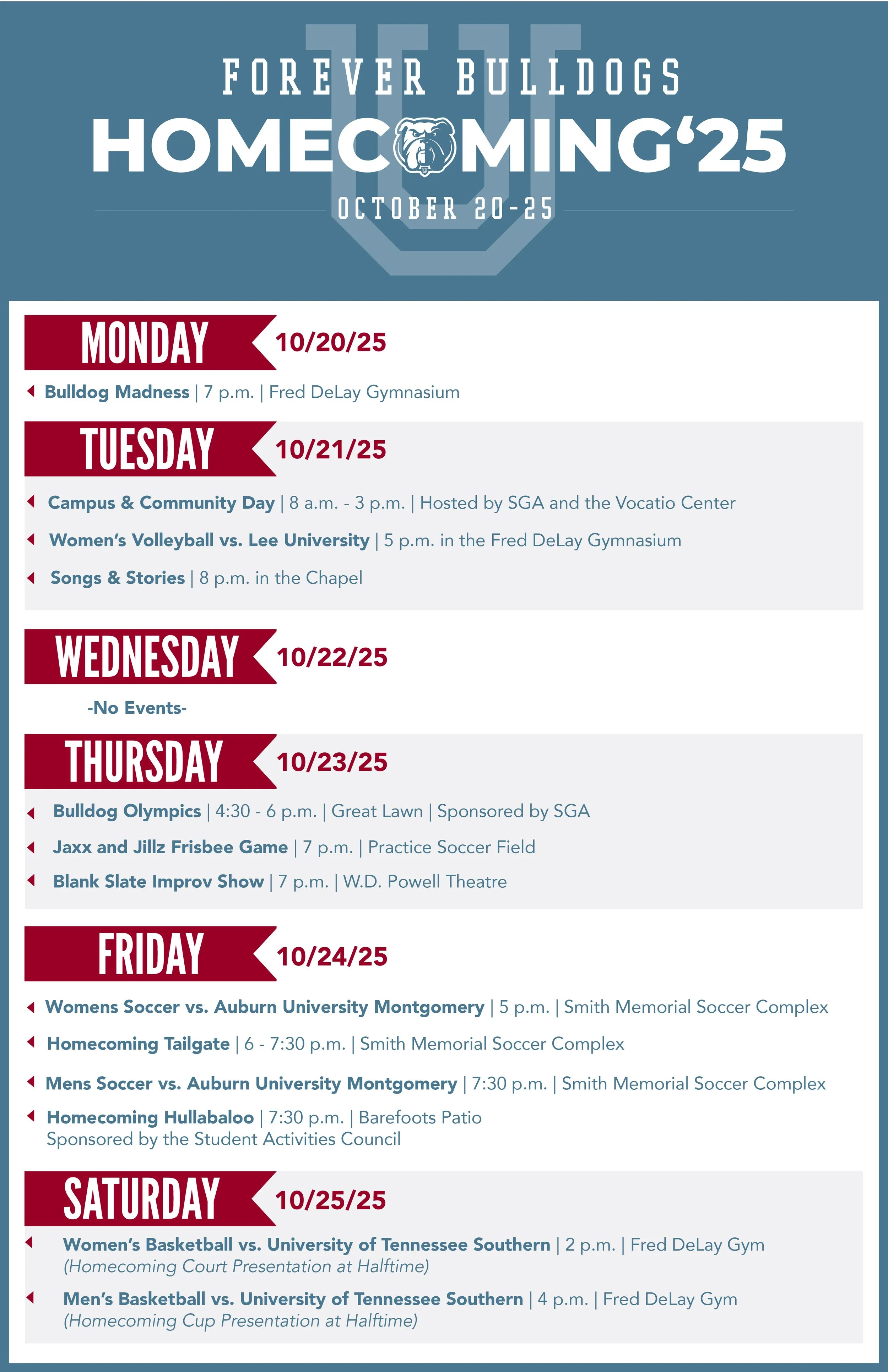 Schedule of events for Forever Bulldogs Homecoming 2025, October 20-25, including sports games, activities, and campus events.