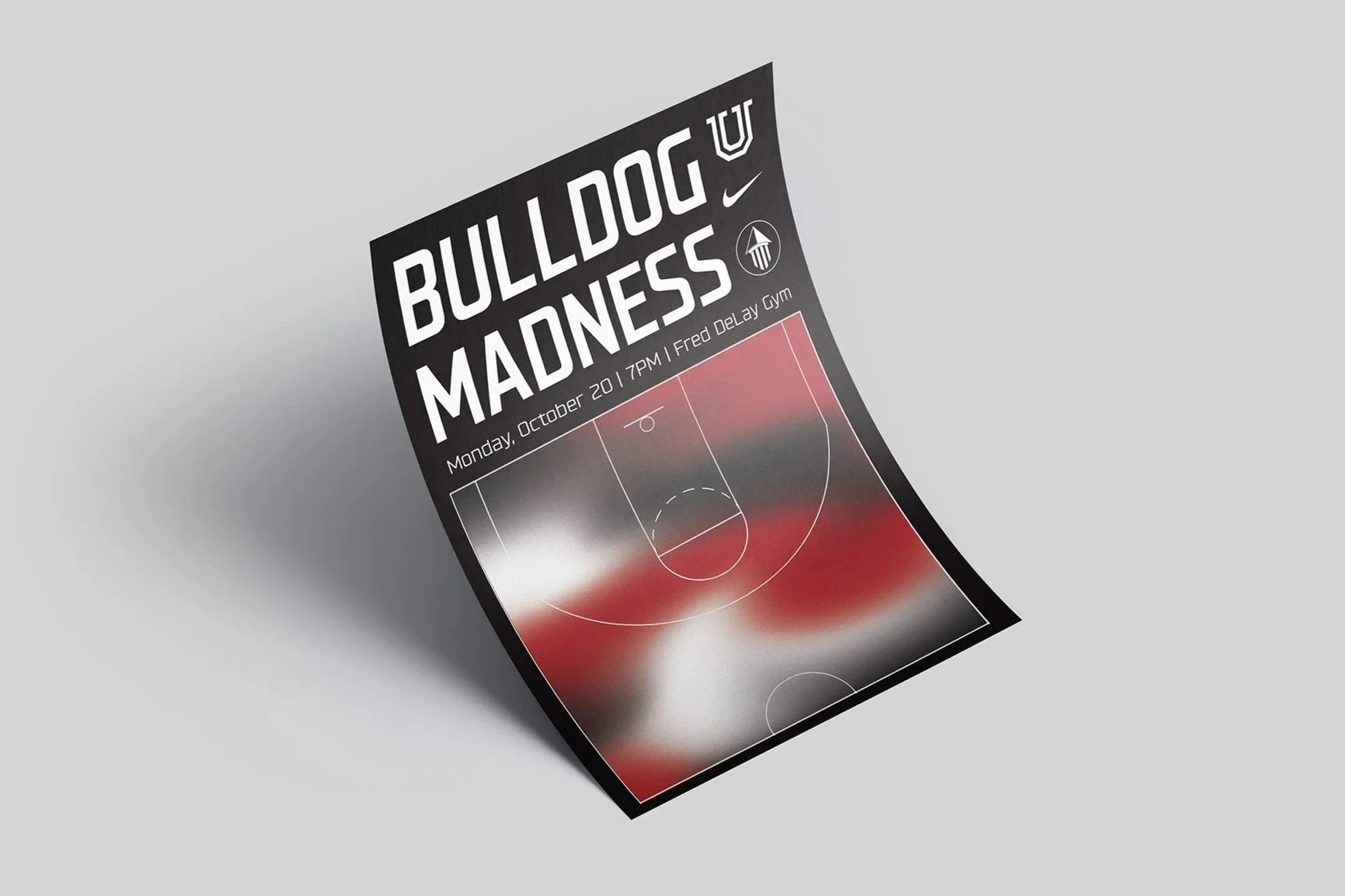 Event poster titled "Bulldog Madness" for a basketball game on October 20 at 7 PM at Fred DeLay Gym, featuring basketball court graphics and sports icons.
