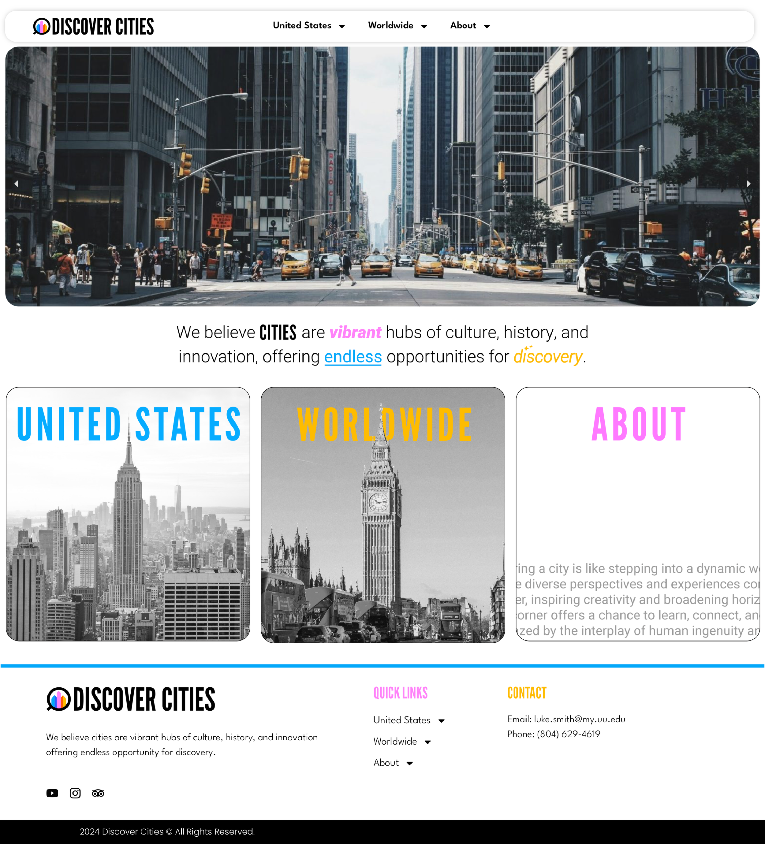 Screenshot of a city-focused website titled 'Discover Cities,' showing a busy urban street with tall buildings, yellow taxis, and pedestrians. The site promotes vibrant cities and offers sections for U.S. and worldwide cities, with colorful headings and images of New York City and London.