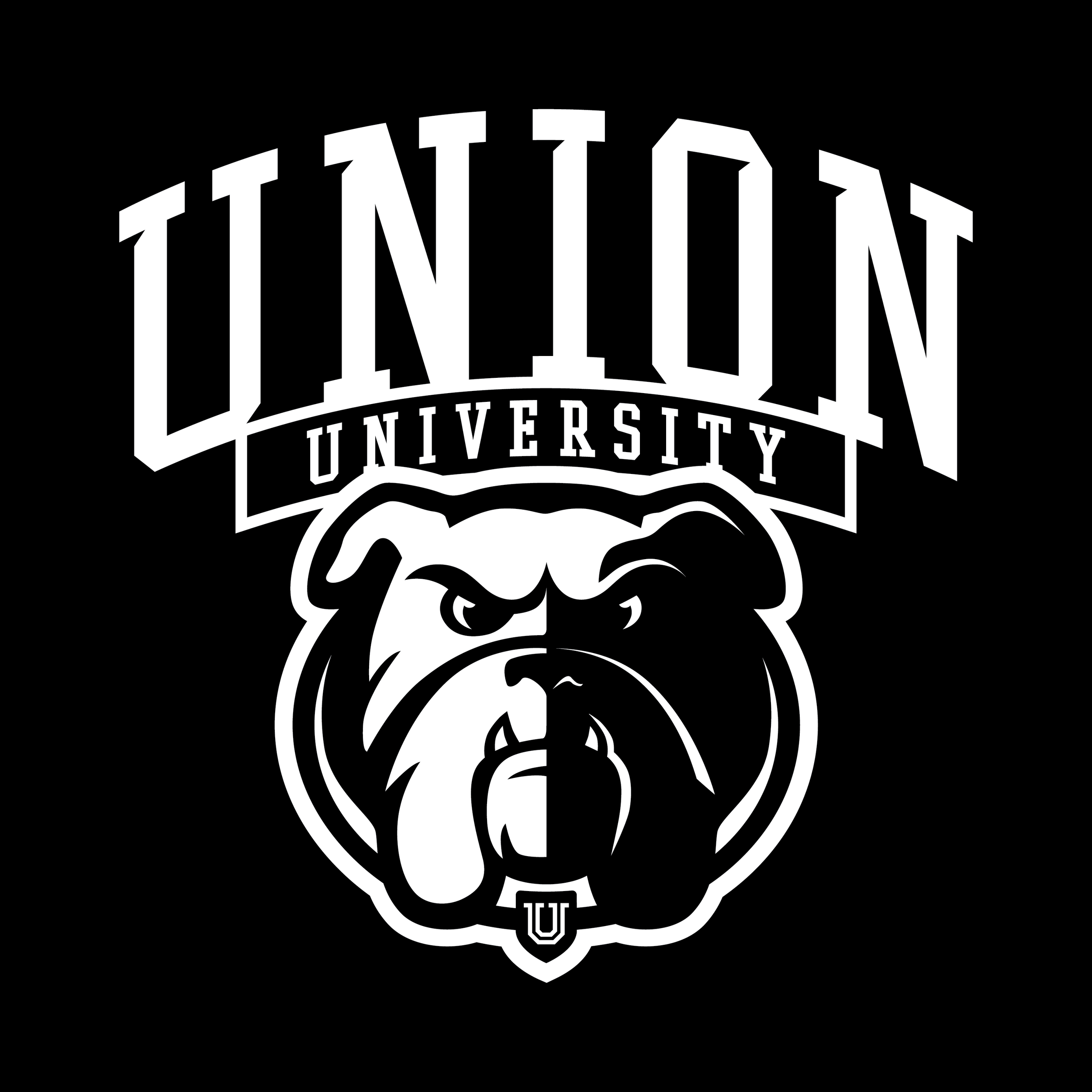A stylized black and white logo featuring a bulldog with bold lines and a clenched jaw, above the words 'Union University' in a shield emblem design.