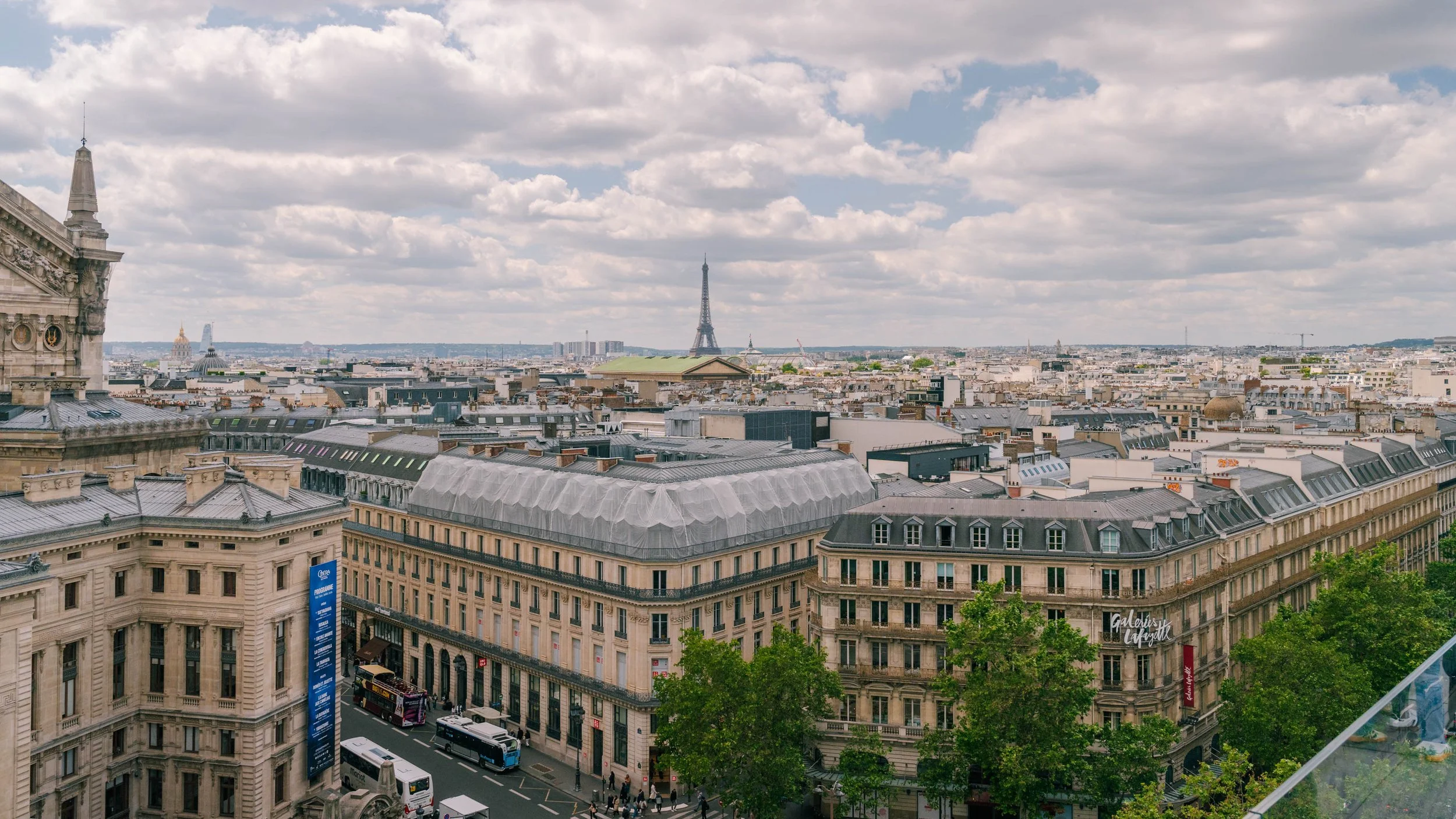 View of Paris cityscape with the Eiffel Tower in the distance, rooftops, and historic buildings under a cloudy sky.