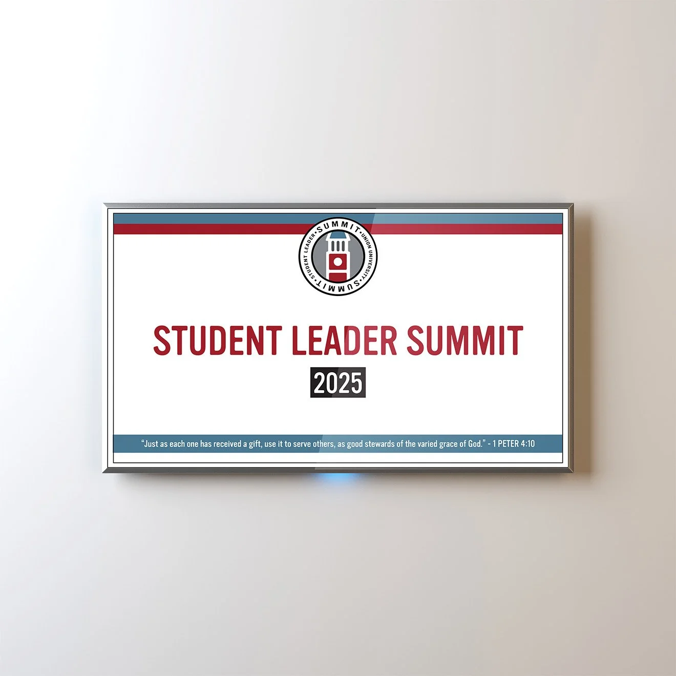 Sign for the Student Leader Summit 2025 with a logo, event title in red, and a Bible verse quote at the bottom.