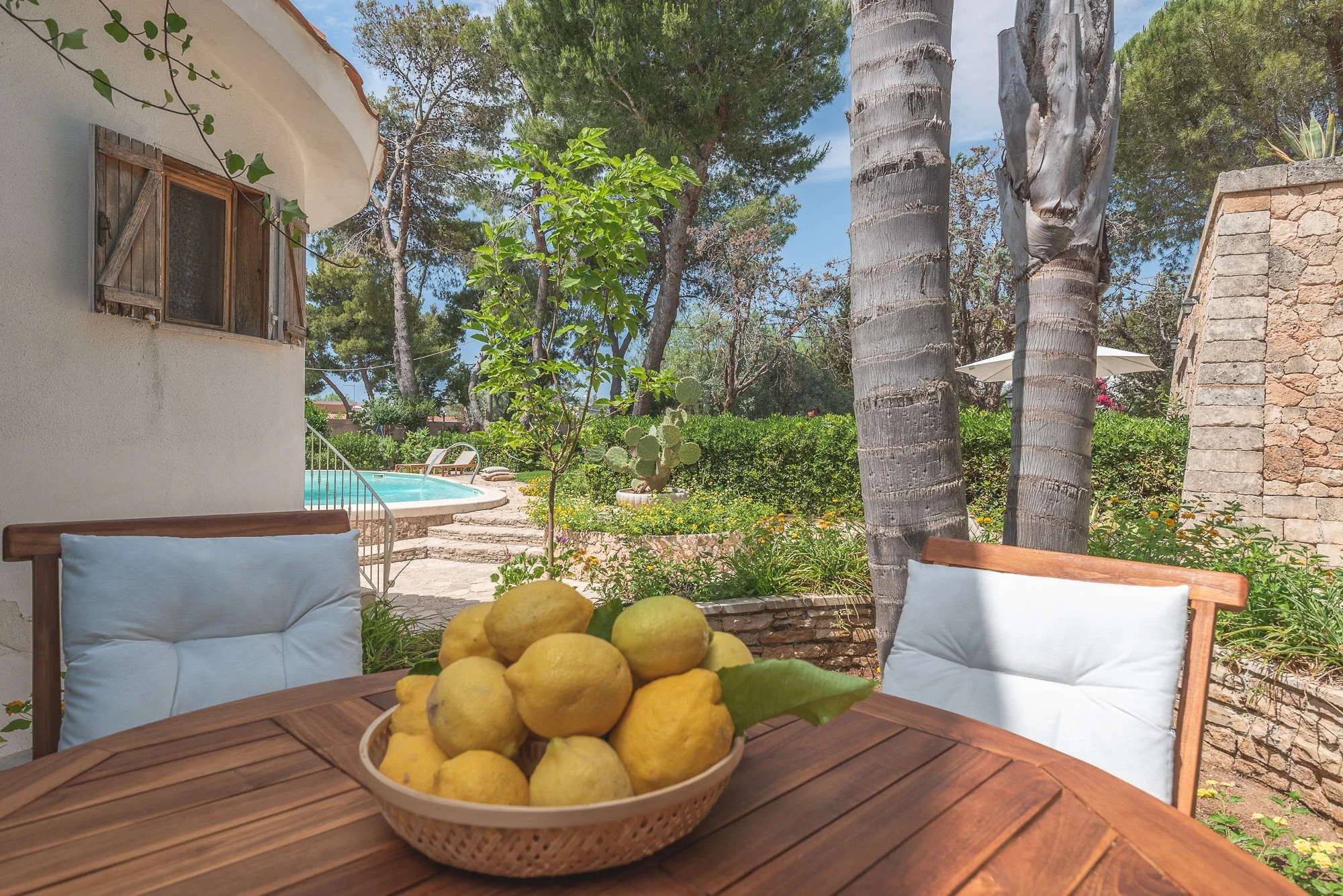 Garten mit einem Swimmingpool, umgeben von Bäumen, einer Steinmauer und einem Holztisch mit Zitronen in einer Schale.
