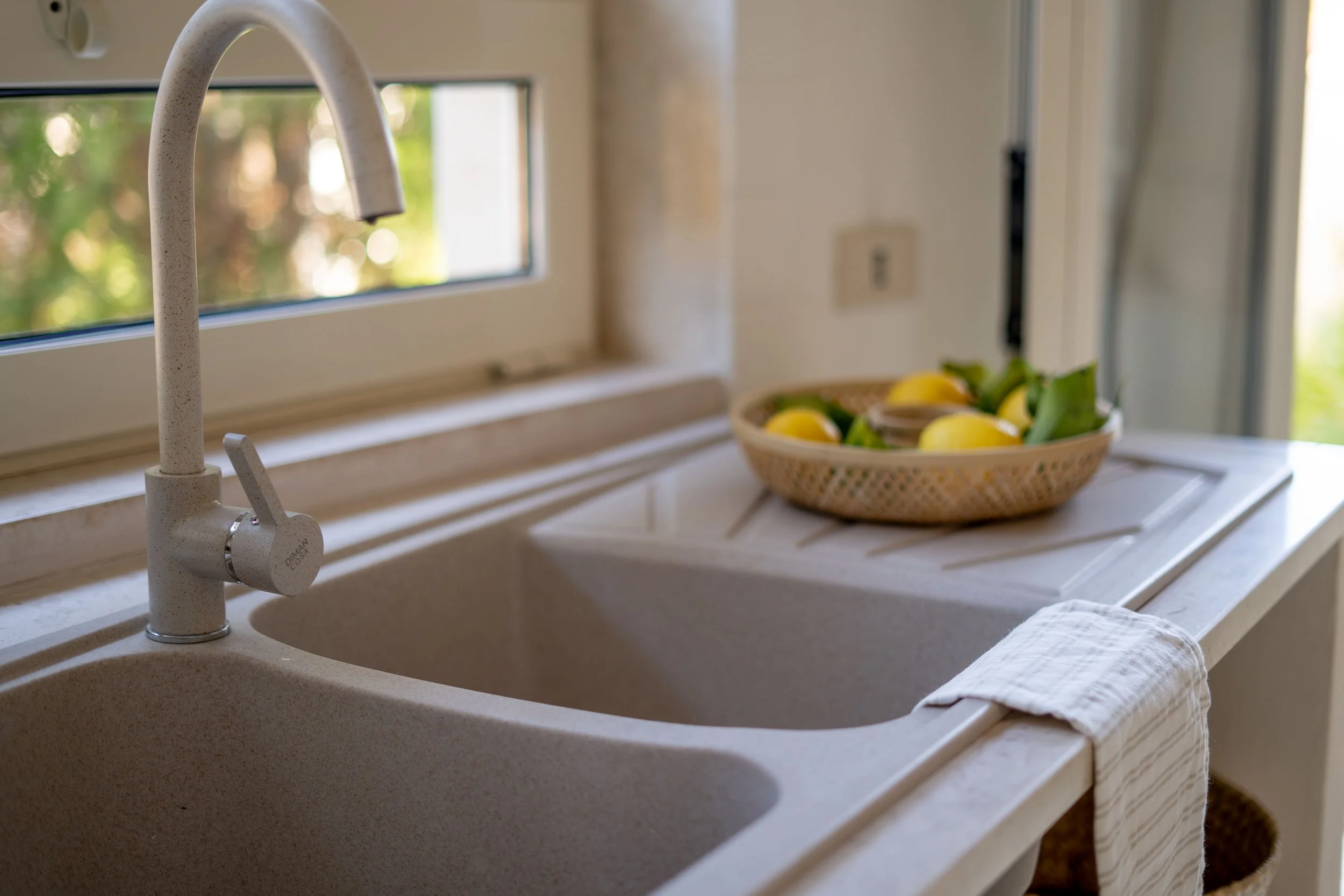 Eine Küchenspüle mit einem Wasserhahn, daneben ein Korb voller Zitronen und Limonen, vor einem Fenster mit Blick ins Grüne, neben einem weißen Handtuch.