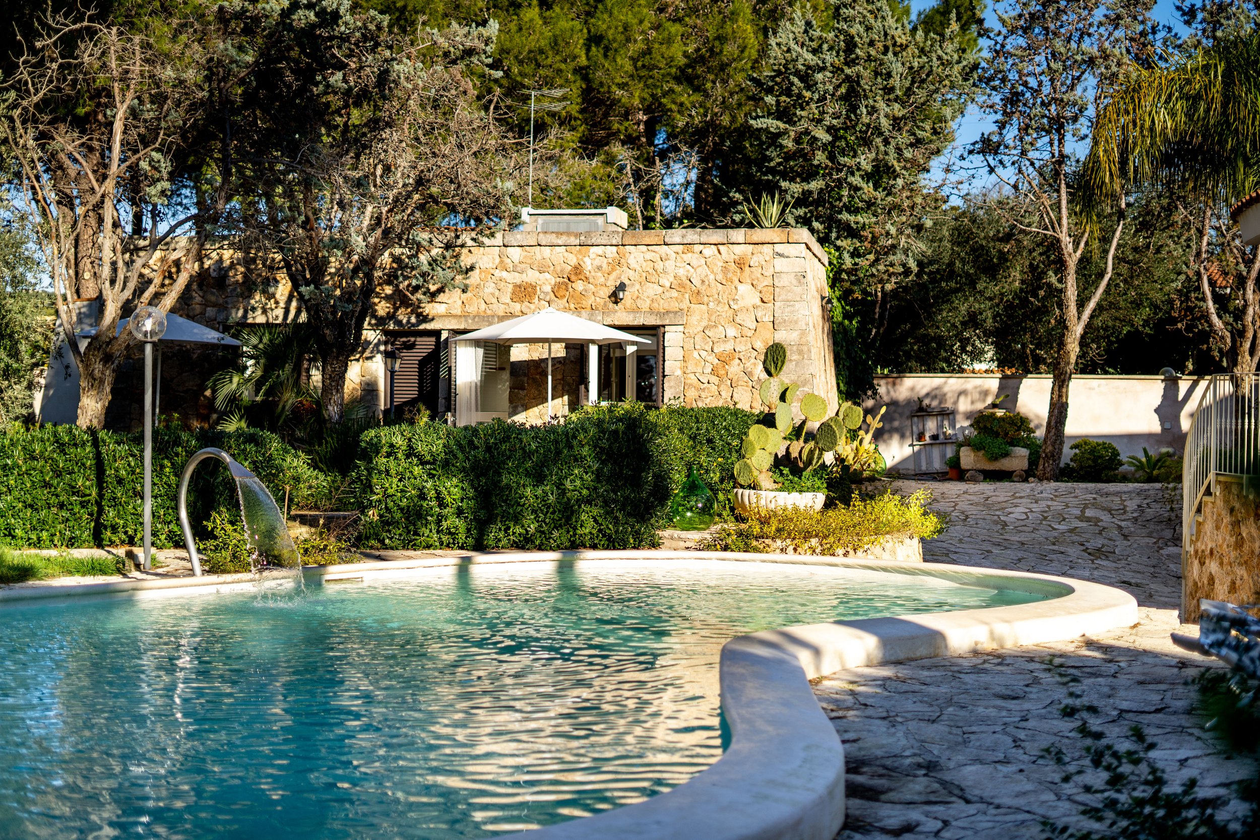 Ein Swimmingpool im Freien, umgeben von Pflanzen, Büsche und Bäumen, mit einer Steinmauer im Hintergrund und einem Sonnenschirm.